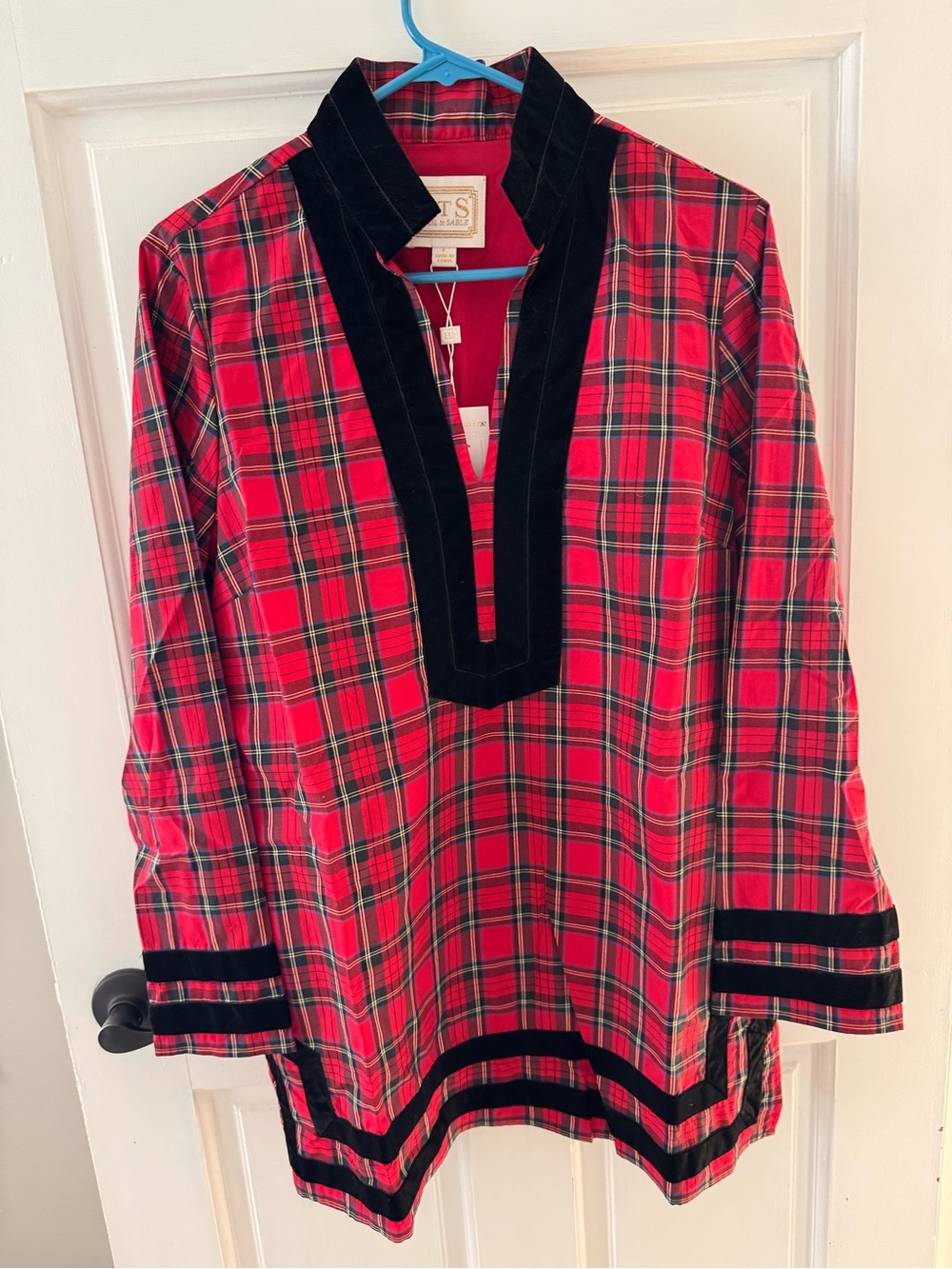 Sail to Sable Red Plaid Classic Tunic with Black Velvet Trim - NWT
